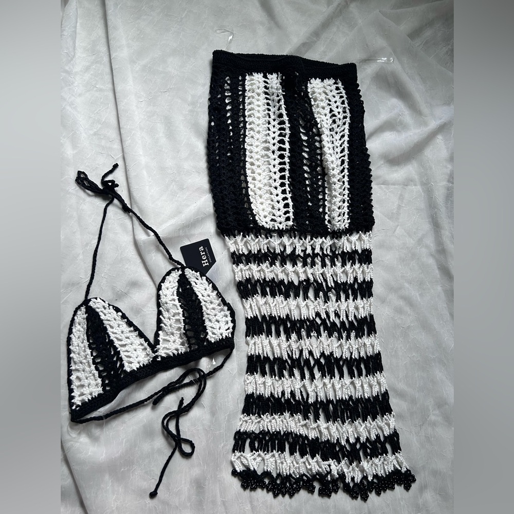 Hera Collection Black and White Crochet Swim Coverup